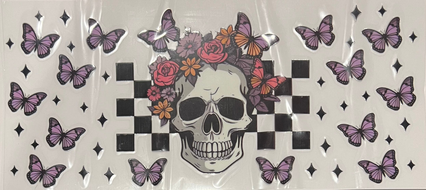 Checkered Skull and Butterflies